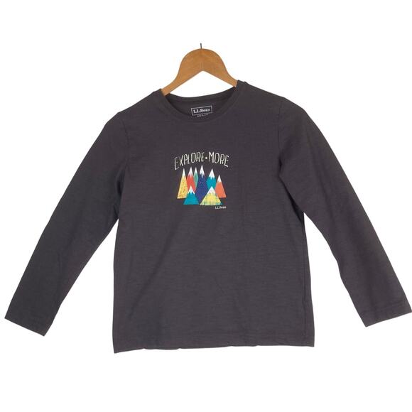 LL Bean Tee Shirt Kids M 10-12 Long Sleeve Gray Graphic Mountains Explore More - Picture 1 of 8